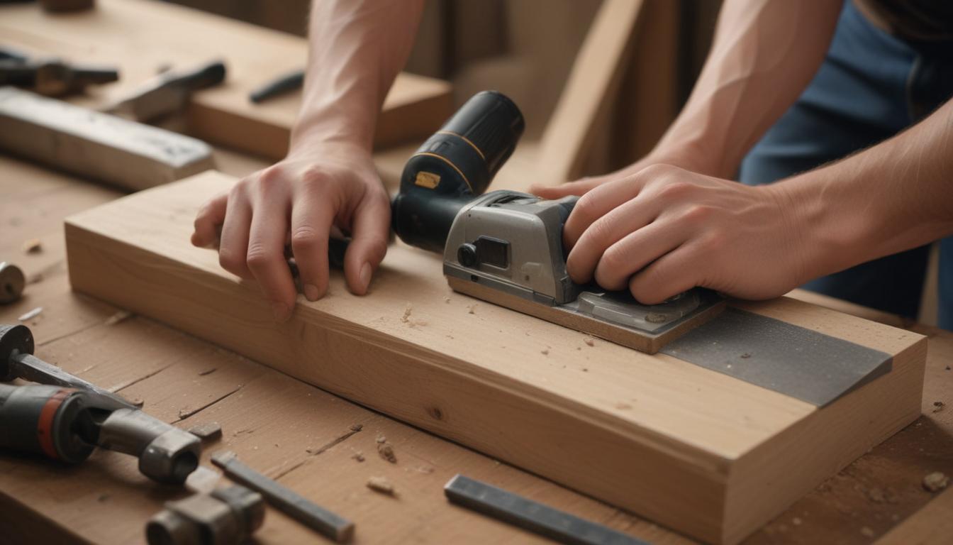 Close-up of hands sanding a wooden plank on a workbench with tools nearby