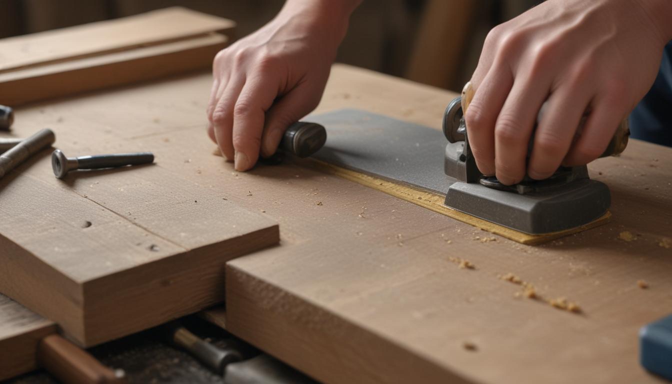Hand sketching a shelf design on graph paper with tools and planks nearby
