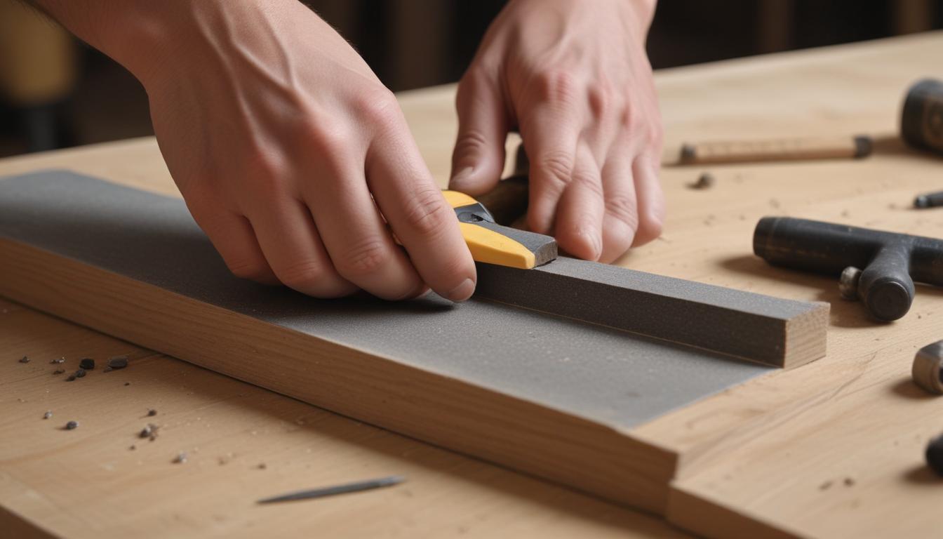 Attaching brackets to wooden shelves with tools on a workbench