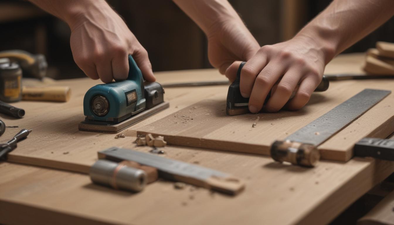 Before-and-after collage of raw pallets turned into elegant wooden shelves