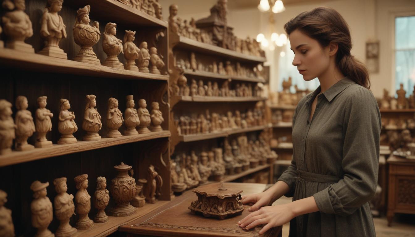 Woman choosing vintage wooden furniture with carvings at a thrift store