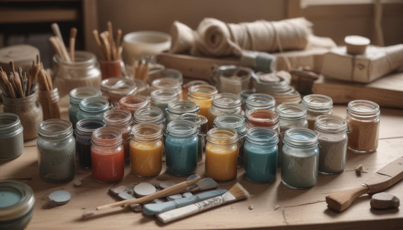 Crafting materials such as empty jars, chalk paint, epoxy resin, stencils, and paintbrushes arranged on a table