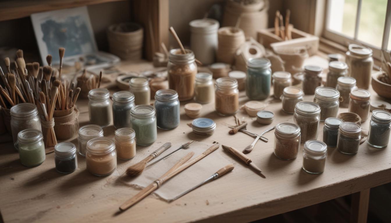 A jar wrapped in twine with added floral decals, sitting on a crafting table