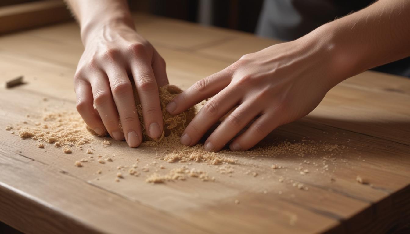 Hands sanding down a wooden table with tools in the background