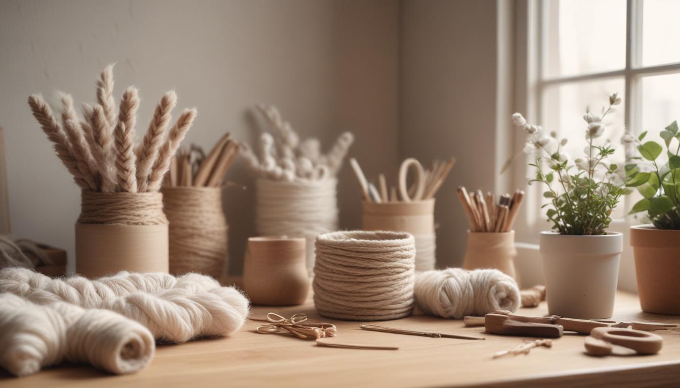 Crafting workspace with macramé supplies laid out neatly