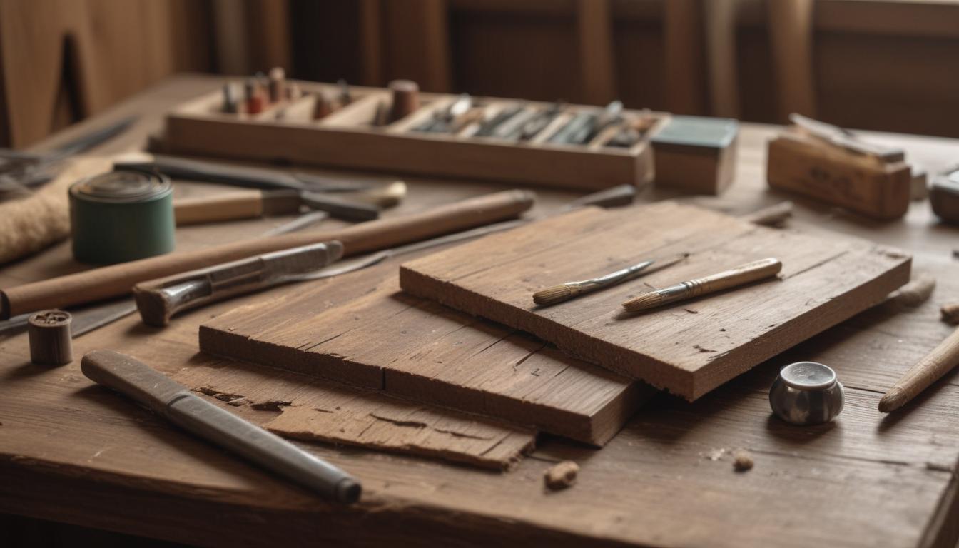 Weathered wooden boards, tools like sandpaper, paintbrushes, and varnish on a workbench.