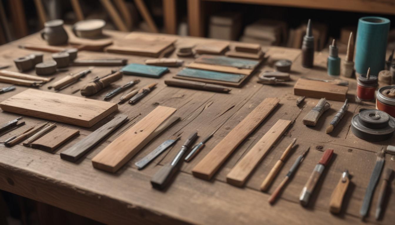 Workspace with tools for DIY furniture projects, including brushes, screws, and circular saws.