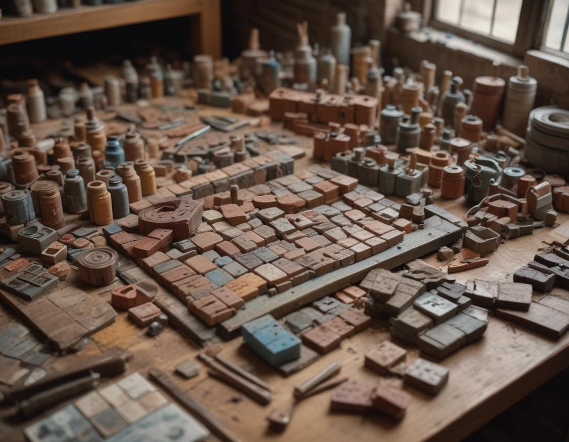 A variety of repurposed materials like bricks, toys, and decorative tiles arranged neatly with paint supplies on a workbench.
