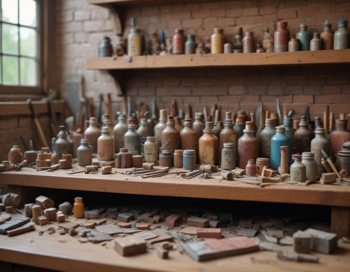 Close-up of stone bricks cleaned and painted with patterns, stencils, and paintbrushes arranged on a crafting table.