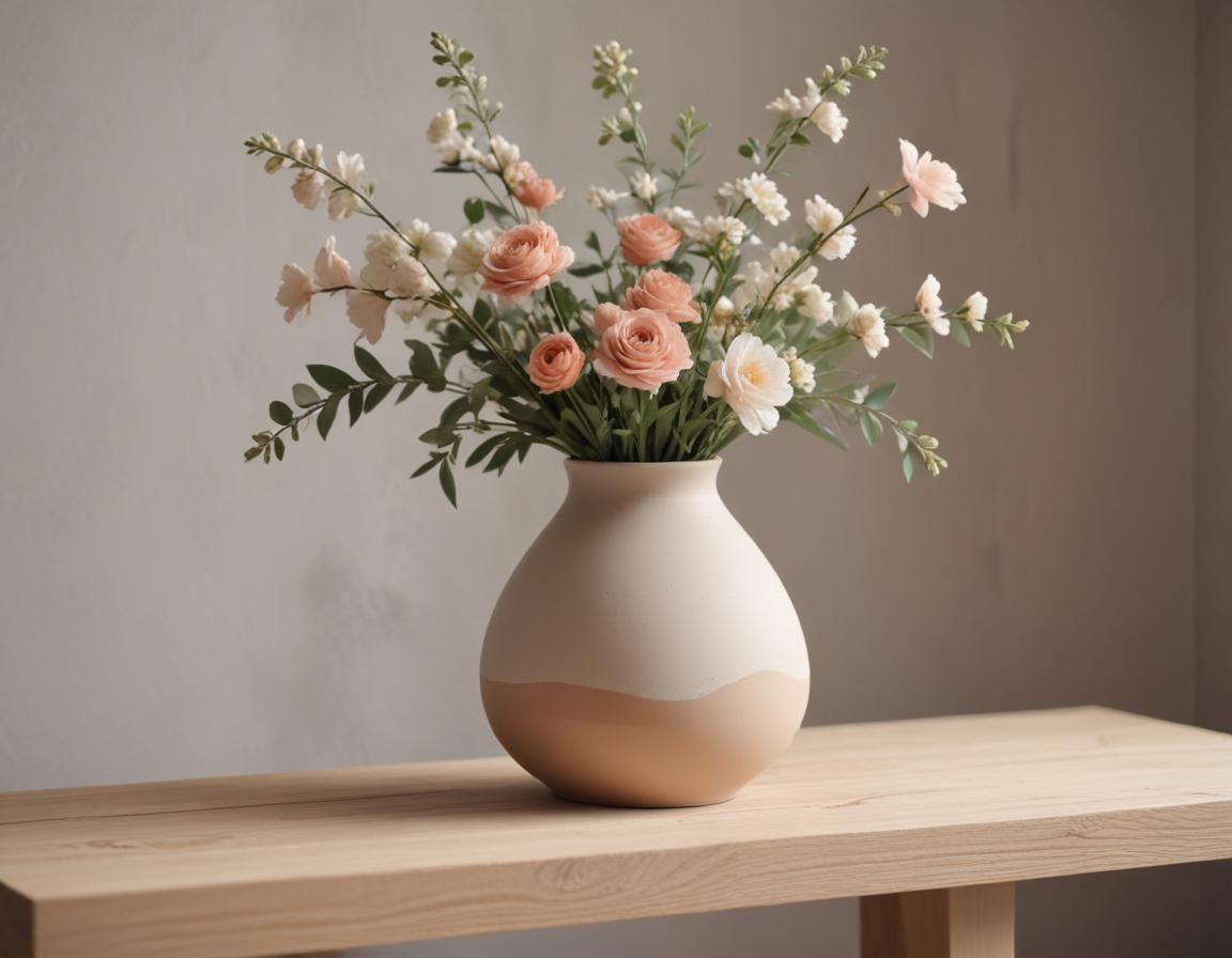 Homemade air-dry clay vase holding fresh flowers on a minimalistic console table