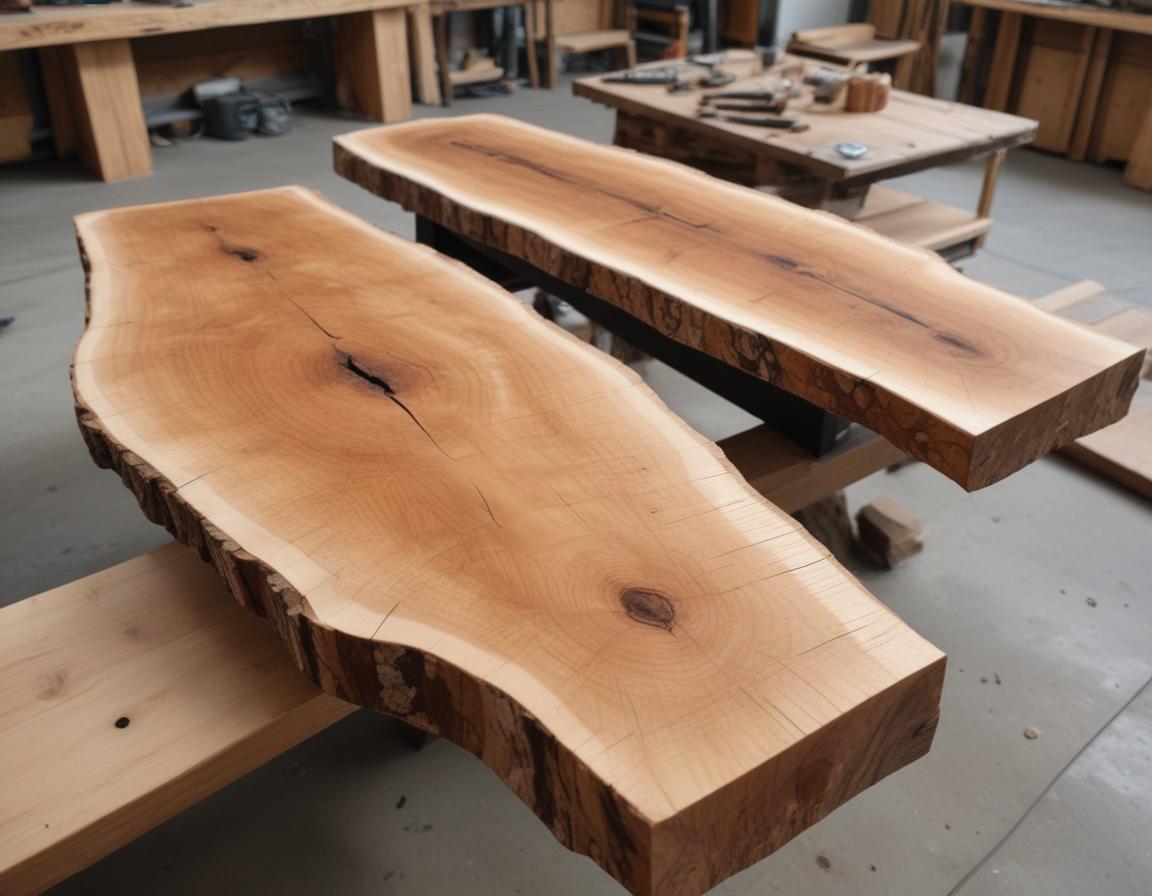 Two wooden slabs placed side-by-side with visible sanding and cuts in a workshop.