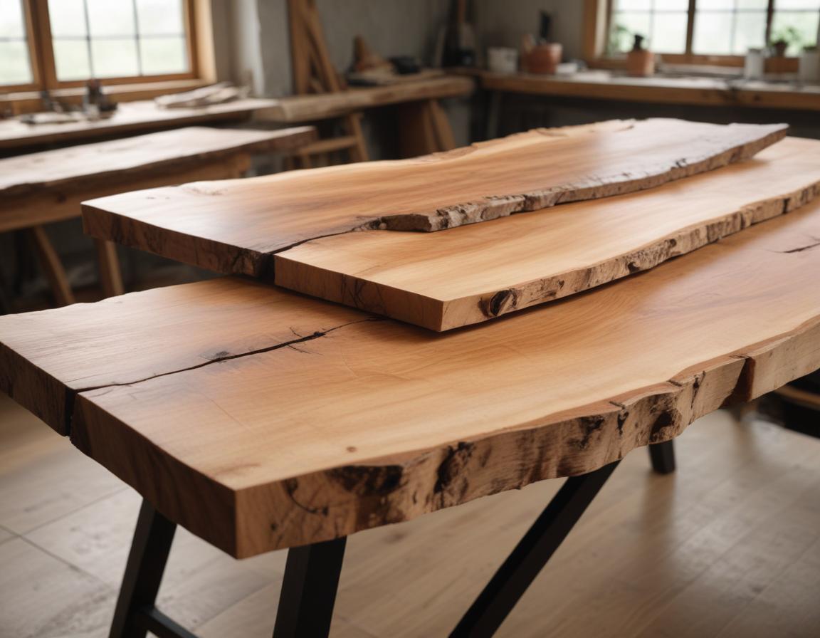 Vibrant resin being poured between two wooden slabs, forming a river effect.