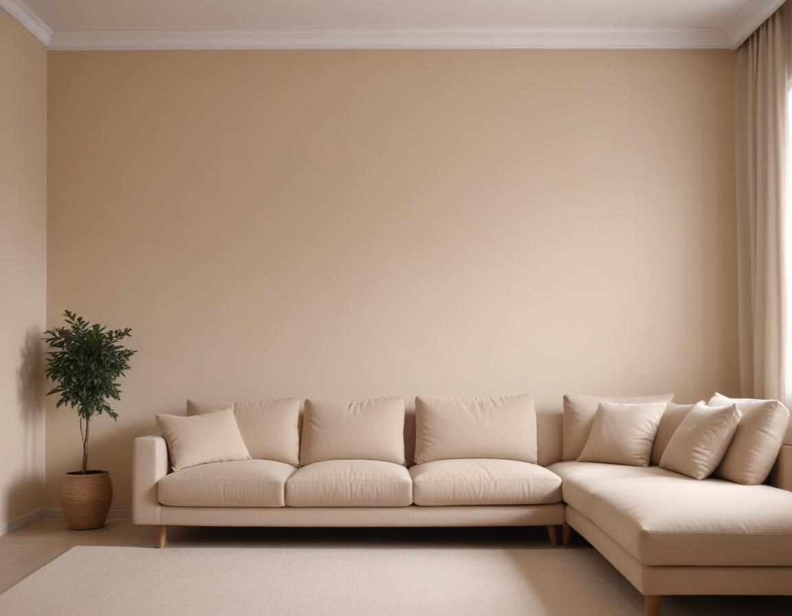 A plain beige living room wall with minimal decor and no personality, creating a bland and uninspired setting.