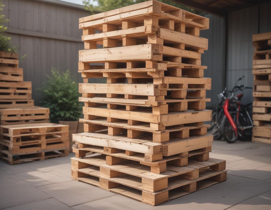 A stack of wooden pallets organized neatly by the garage in a bright, outdoor setting with tools nearby
