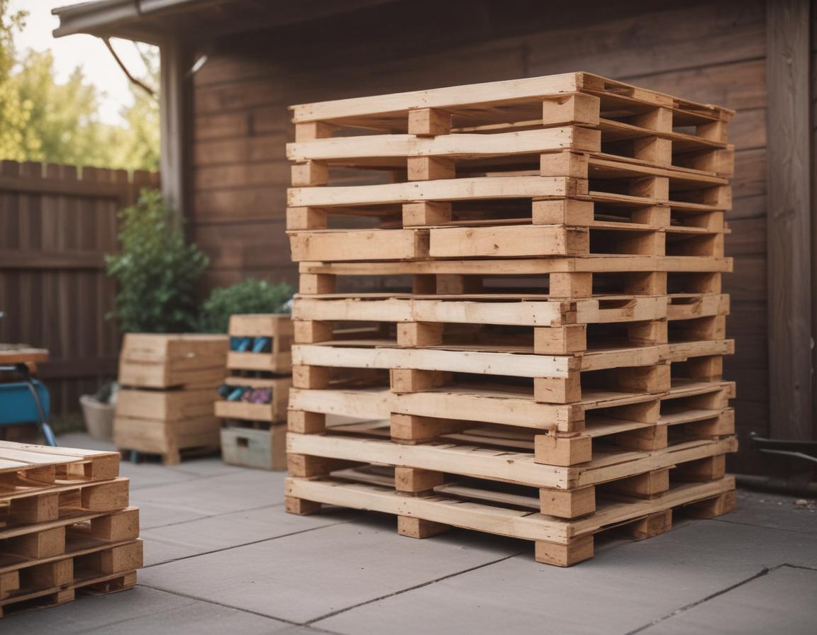A DIYer carefully attaching pallet wood to a wall with a nail gun and leveler in hand