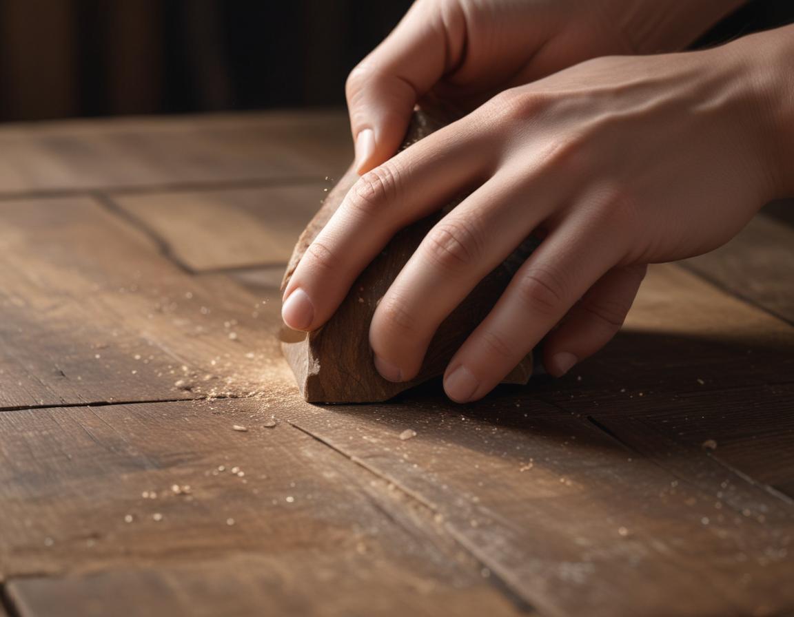 A close-up of a hand sanding the surface of an old wooden table.