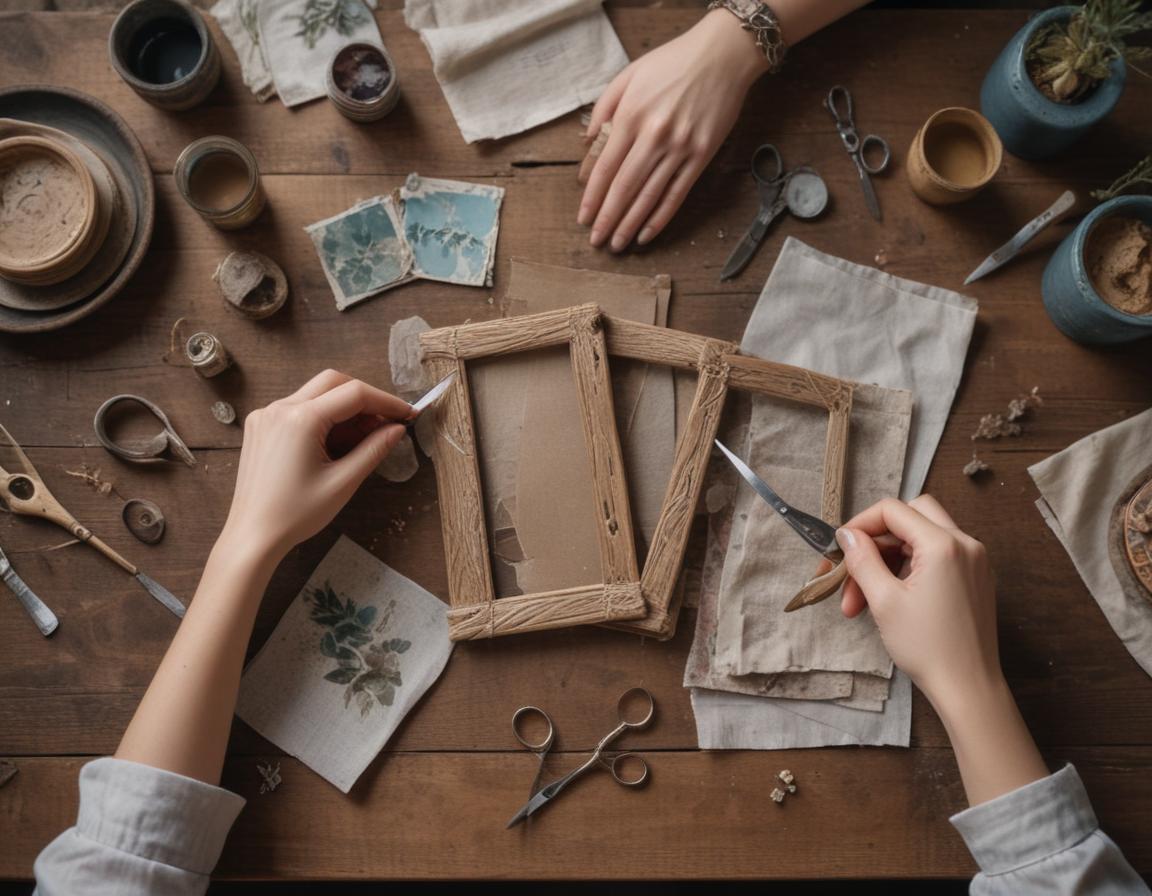 Crafting workstation with floral patterns and geometric stencils laid out
