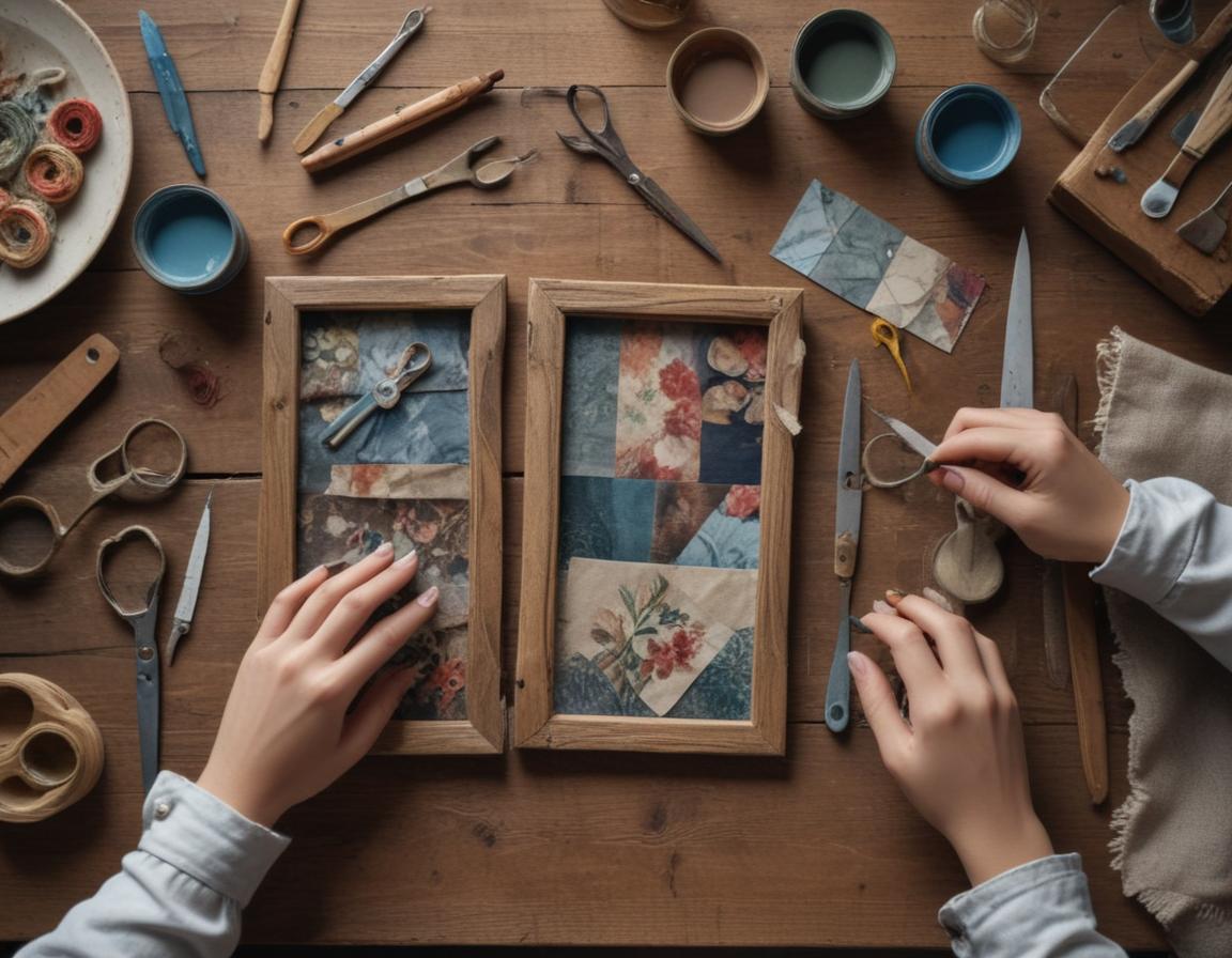 Hands layering fabric swatches and decorative shapes on a canvas
