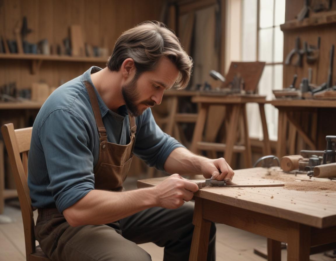 A craftsman sanding an old wooden chair in a workspace with tools