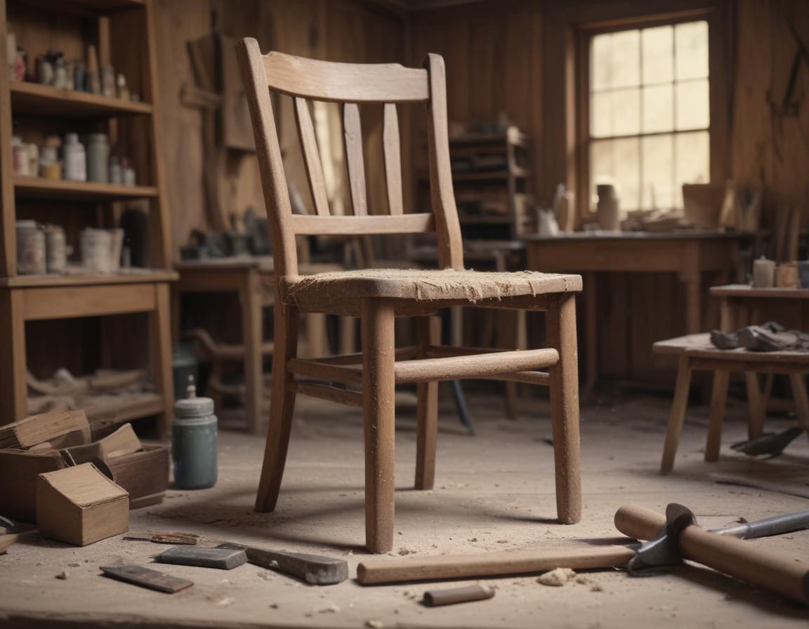 A worn-out wooden chair being sanded down in preparation for refurbishing, surrounded by tools and paint supplies.
