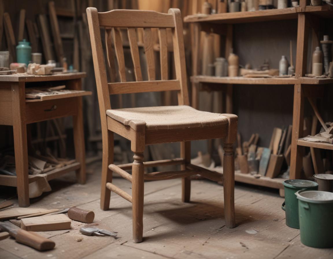 An upcycling workspace featuring jars of paint, varnish, and brushes, with a half-refurbished table in the background.