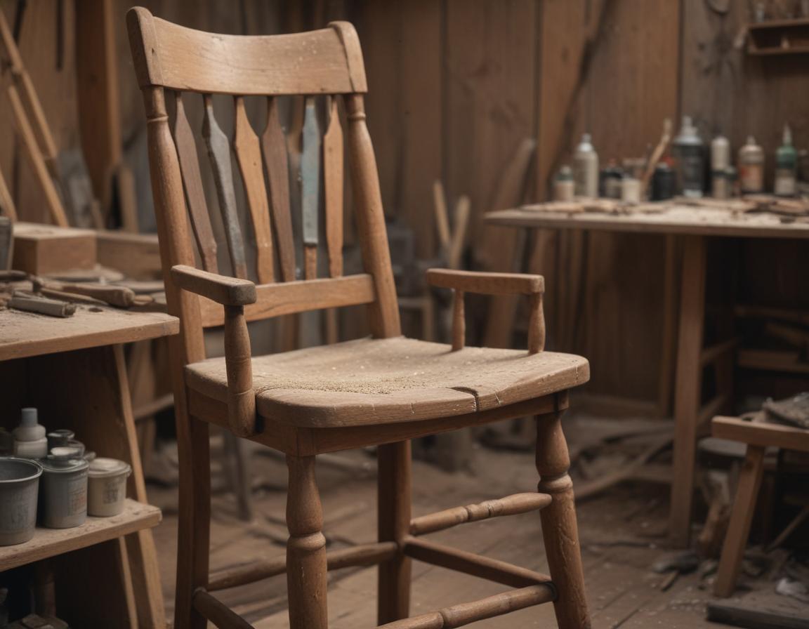 A bright, cheerful scene of furniture pieces being painted with bold, vibrant colors, showing creative stenciling and patterned designs.